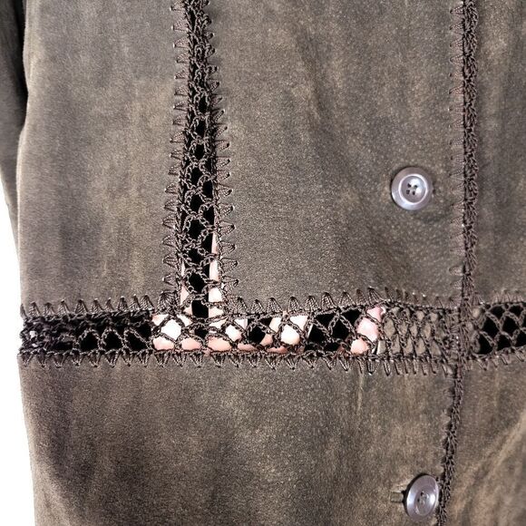 Vintage 70s Style White Stag Brown Boho Leather Crochet Blazer Jacket - Picture 3 of 6